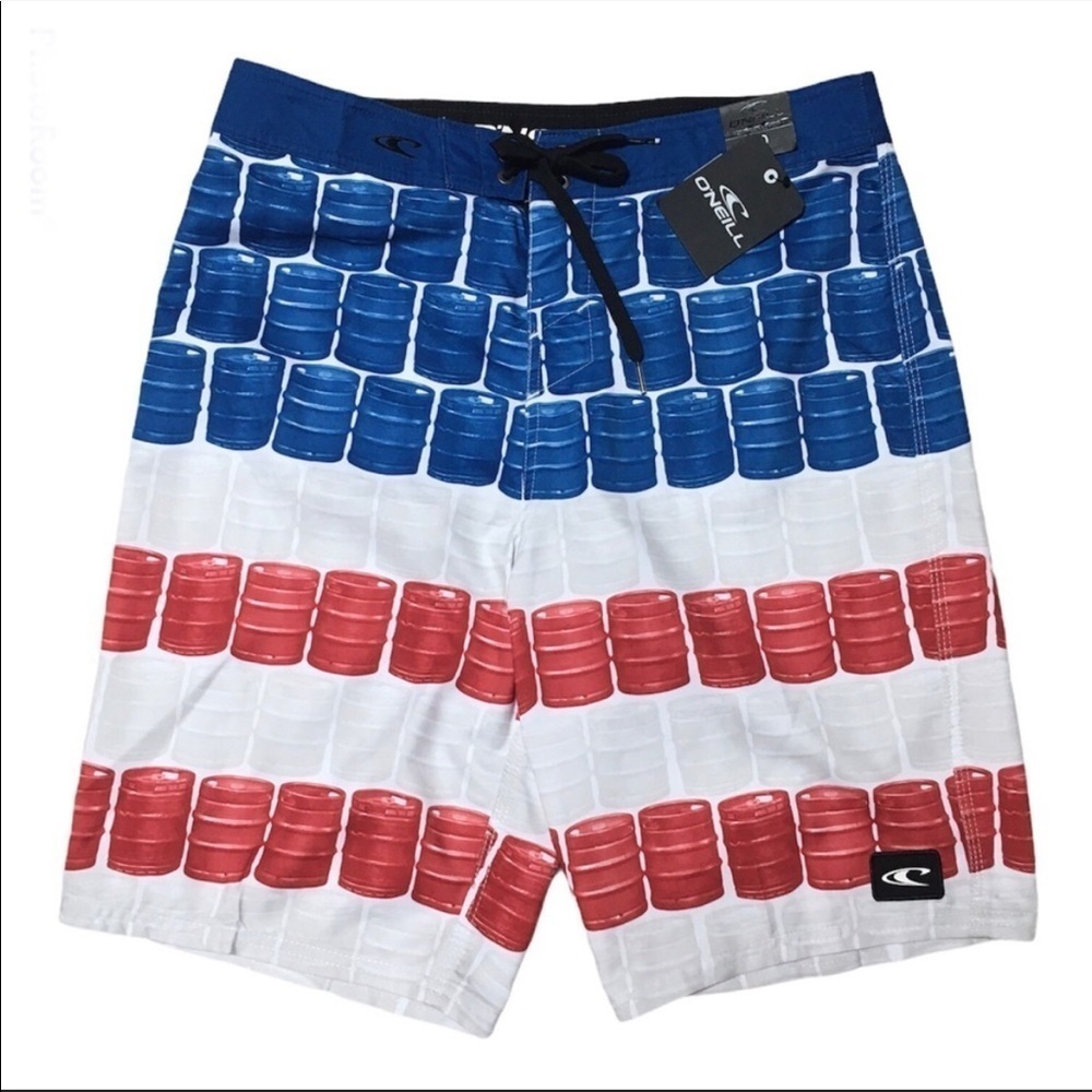O’Neill Keg Leg Red White & Blue Board Shorts NWT Size 30”